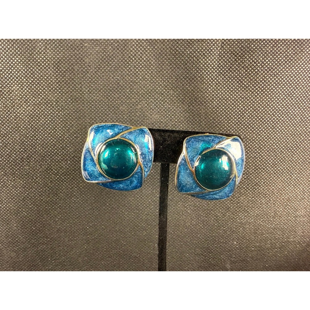 Vintage Teal Enamel & Gold Clip‑On Earrings – Square Dome Statement Design